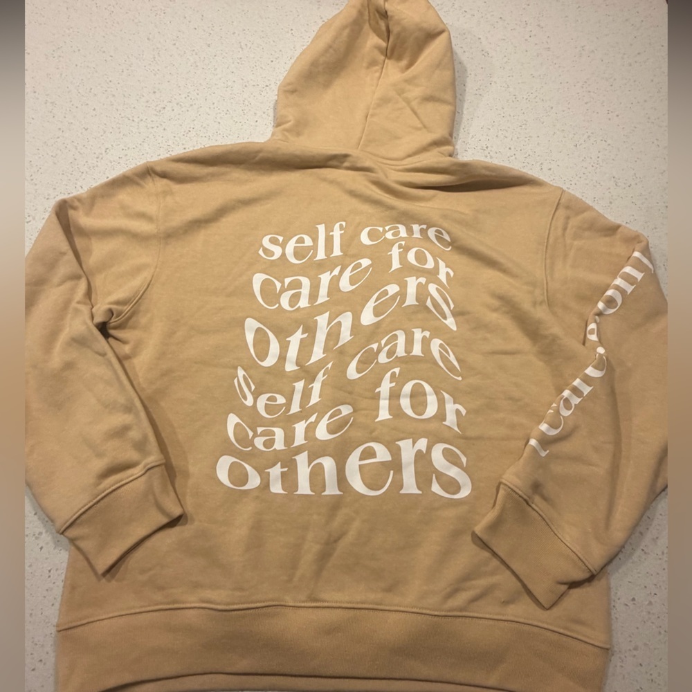 I Care Self Care Graphic Hoodie Neutral Beige Sweatshirt L careeom en route